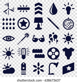 Bright icons set. set of 25 bright filled icons such as baby onesie, child building kit, sun, sparklers, water drop, movie tape, musical pipe, table lamp, disco ball, camera