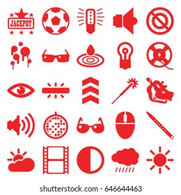 Bright icons set. set of 25 bright filled icons such as sun, hippopotamus, water drop, jackpot, sparklers, bulb, eye, no brightness, movie tape, film tape, musical pipe