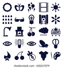 Bright icons set. set of 25 bright filled icons such as sun, cherry, butterfly, baby onesie, cherry, jackpot, bulb, movie tape, disc flame, table lamp, camera, eye, drop