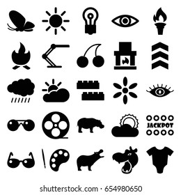 Bright icons set. set of 25 bright filled icons such as sun, hippopotamus, butterfly, baby onesie, child building kit, eye, cherry, jackpot, bulb, movie tape, table lamp