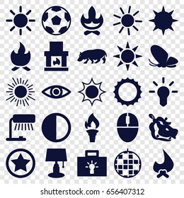 Bright icons set. set of 25 bright filled icons such as butterfly, hippopotamus, sun, mouse, brightness, eye, torch, bonfire, rank, bulb, movie tape, disco ball, table lamp