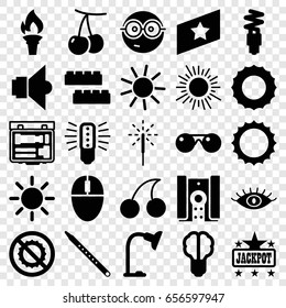 Bright icons set. set of 25 bright filled icons such as cherry, child building kit, sun, eye, cherry, jackpot, nerd emoji, no brightness, musical pipe, table lamp, sparkler