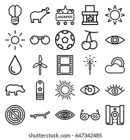 Bright icons set. set of 25 bright outline icons such as hippopotamus, sun, cherry, eye, jackpot, water drop, no brightness, movie tape, sparkler, camera, sunglasses, rank