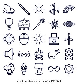 Bright icons set. set of 25 bright outline icons such as hippopotamus, butterfly, sunflower, sun, jackpot, sparklers, musical pipe, mouse, lamp, eye, mill, sunglasses, bonfire