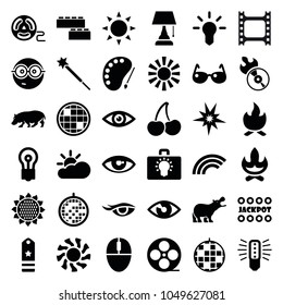 Bright icons. set of 36 editable filled bright icons such as sun, sunflower, hippopotamus, jackpot, bulb, nerd emoji, disco ball, bonfire, explode, eye, movie tape, disc flame