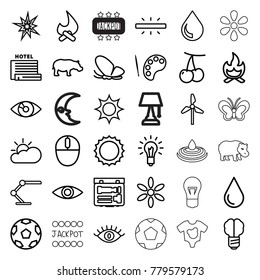 Bright icons. set of 36 editable outline bright icons such as cherry, butterfly, hippopotamus, sun, eye, water drop, movie tape, palette, bonfire, brain bulb, mill, explode