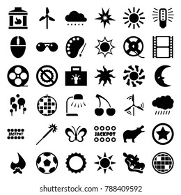 Bright icons. set of 36 editable filled bright icons such as sun, hippopotamus, jackpot, sparklers, movie tape, disco ball, bonfire, bulb, mill, explode, no brightness