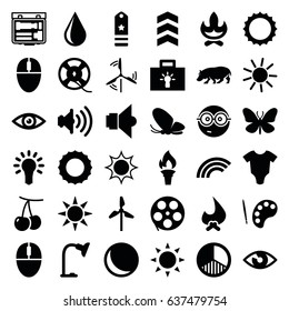 Bright icons set. set of 36 bright filled icons such as sun, cherry, butterfly, hippopotamus, baby onesie, water drop, nerd emoji, film tape, table lamp, mouse, volume, camera