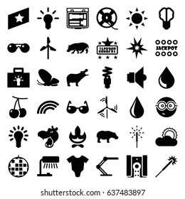 Bright icons set. set of 36 bright filled icons such as sun, cherry, hippopotamus, butterfly, baby onesie, jackpot, sparklers, water drop, nerd emoji, film tape, table lamp