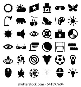 Bright icons set. set of 36 bright filled icons such as cherry, butterfly, hippopotamus, baby onesie, child building kit, water drop, sun, bulb, eye, no brightness, movie tape