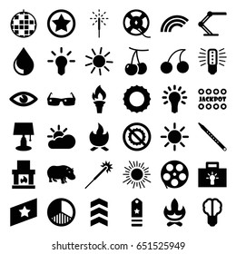 Bright icons set. set of 36 bright filled icons such as cherry, hippopotamus, sun, cherry, jackpot, sparklers, eye, no brightness, film tape, musical pipe, table lamp