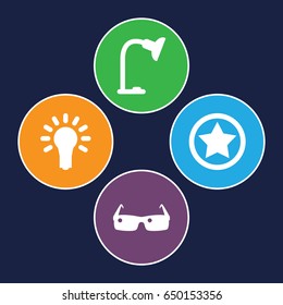 Bright icons set. set of 4 bright filled icons such as table lamp, light bulb, sunglasses