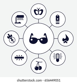 Bright icons set. set of 9 bright filled icons such as cherry, butterfly, disc flame, camera, sunglasses, rank, bulb, table lamp
