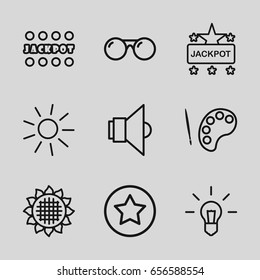 Bright icons set. set of 9 bright outline icons such as sunflower, sun, jackpot, lamp, sunglasses, rank, palette