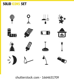 Bright icons set with batteries, low battery and moonlight elements. Set of bright icons and studio lighting concept. Editable vector elements for logo app UI design.