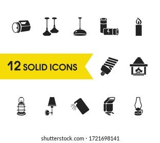 Bright icons set with candle, lantern, batteries elements. Set of bright icons and gas lamp concept. Editable vector elements for logo app UI design.