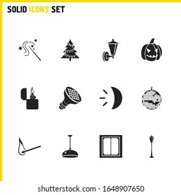 Bright icons set with ceiling lamp, match and street light elements. Set of bright icons and magician stick concept. Editable vector elements for logo app UI design.