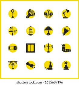 Bright icons set with chandelier, led bulb, lighthouse elements. Set of bright icons and light concept. Editable vector elements for logo app UI design.