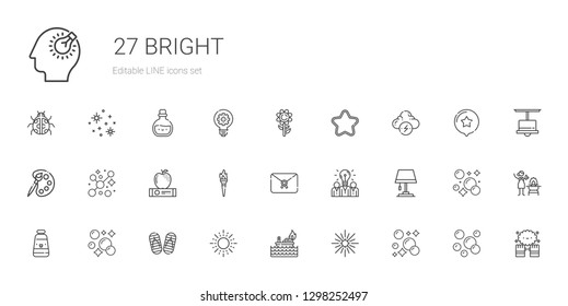 bright icons set. Collection of bright with bubbles, star, fire, sun, flip flop, oil paint, lamp, idea, letter, torch, apple, palette, brainstorm. Editable and scalable bright icons.