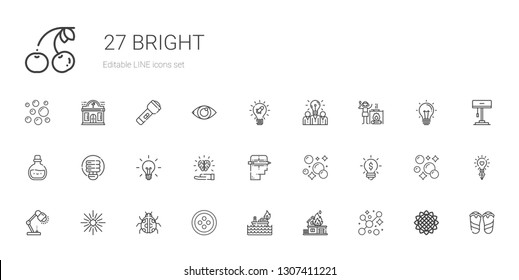 bright icons set. Collection of bright with bubbles, fire, button, ladybug, star, lamp, idea, bubble, creative, light bulb, potion, campfire. Editable and scalable bright icons.