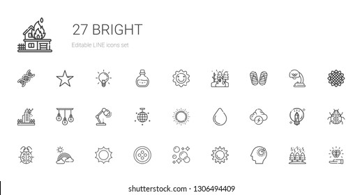 bright icons set. Collection of bright with bulb, sun, bubbles, button, rainbow, ladybug, brainstorm, water drop, mirror ball, lamp, fire. Editable and scalable bright icons.