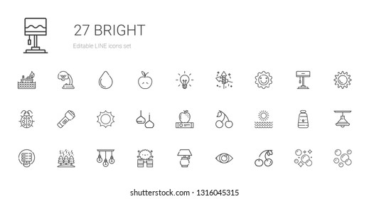 bright icons set. Collection of bright with cherry, eye, lamp, magic, fire, light bulb, sun, apple, light, flashlight, ladybug, fireworks. Editable and scalable bright icons.