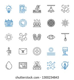 bright icons set. Collection of bright with creative, bubbles, idea, letter, water drop, lamp, sun, button, bast, eye, flip flop, star, sunflower. Editable and scalable bright icons.