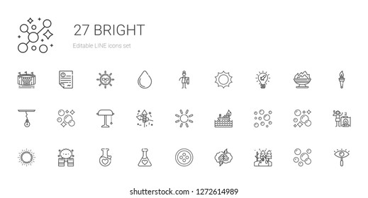 bright icons set. Collection of bright with fire, brainstorming, button, potion, magic, sun, bubbles, fireworks, desk lamp, lamp, idea, bast. Editable and scalable bright icons.