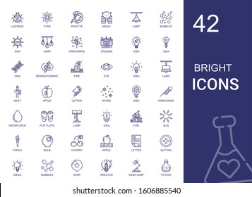 bright icons set. Collection of bright with ladybug, star, palette, magic, lamp, bubbles, sun, fireworks, stadium, idea, dna, brainstorming. Editable and scalable bright icons.