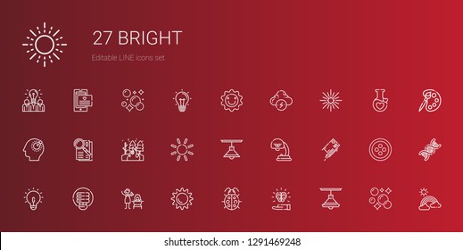 bright icons set. Collection of bright with lamp, idea, ladybug, sun, fire, light bulb, letter, observe, bulb, star, brainstorm, rainbow, bubbles. Editable and scalable bright icons.