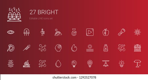 bright icons set. Collection of bright with lamp, idea, water drop, bubbles, fire, ladybug, oil paint, sun, bulb, fireworks, palette, apple. Editable and scalable bright icons.