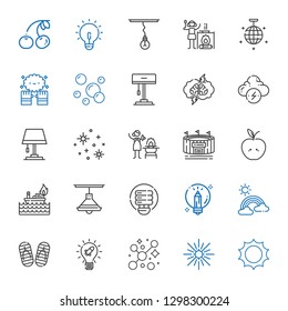 bright icons set. Collection of bright with sun, star, bubbles, idea, flip flop, rainbow, creative, light bulb, lamp, fire, apple, stadium. Editable and scalable bright icons.