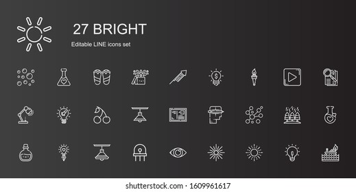 bright icons set. Collection of bright with sun, star, eye, diode, lamp, idea, potion, bubbles, creative, letter, cherry, torch, fireworks. Editable and scalable bright icons.