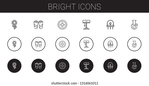 bright icons set. Collection of bright with sunflower, flip flops, button, lamp, diode, potion. Editable and scalable bright icons.