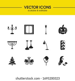 Bright icons set with floor lamp, traffic lights, chandelier elements. Set of bright icons and candlestick concept. Editable vector elements for logo app UI design.