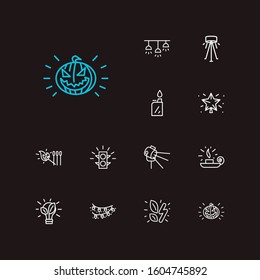 Bright icons set. Lighter and bright icons with spotlight, match and pumpkin lantern. Set of glow for web app logo UI design.