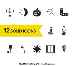 Bright icons set with sunlight, paraffin and batteries elements. Set of bright icons and christmas candle concept. Editable vector elements for logo app UI design.