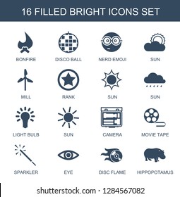 bright icons. Trendy 16 bright icons. Contain icons such as bonfire, disco ball, nerd emoji, sun, mill, rank, light bulb, camera, movie tape, sparkler. bright icon for web and mobile.