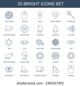 bright icons. Trendy 25 bright icons. Contain icons such as disco ball, mouse, bulb, baby onesie, sparkler, hippopotamus, movie tape, bonfire. bright icon for web and mobile.