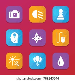 Bright icons. vector collection filled bright icons set.. includes symbols such as low beem light, drop, idea, balloon, mouse, pawn. use for web, mobile and ui design.