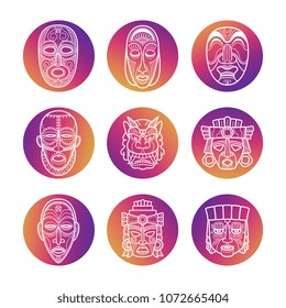 Bright icons with white african tribal vodoo masks of set. Vector illustration