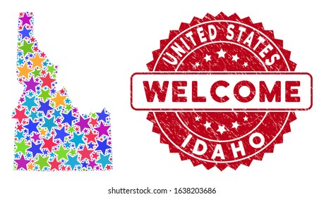 Bright Idaho State map composition of stars, and scratched round red WELCOME stamp. Abstract territory scheme in bright color hues. Vector Idaho State map is designed of colorful stars.