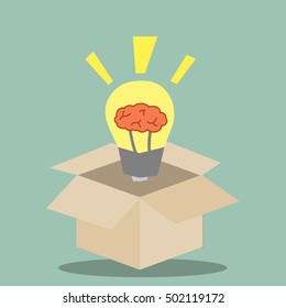 bright idea comes from a box light bulb with brain concept