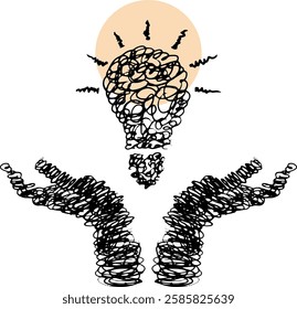 Bright idea concept illustration, lamp scribble vector and both hands drawn by hand