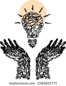 Bright idea concept illustration, lamp scribble vector and both hands drawn by hand