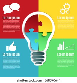 Bright idea, creative conceptual infographic with bulb and four jigsaw puzzle pieces. Vector illustration.