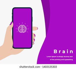 Bright Idea Design Concept in Purple Color with Woman Hand Holding a Smartphone with Brain on Screen, Headline and Text Place. Suitable for Web banner, Infographics, Flat Vector Illustration 