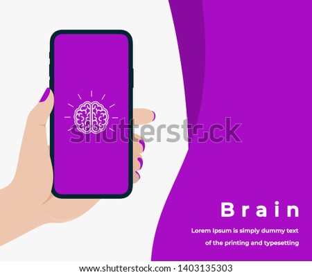 Bright Idea Design Concept in Purple Color with Woman Hand Holding a Smartphone with Brain on Screen, Headline and Text Place. Suitable for Web banner, Infographics, Flat Vector Illustration 