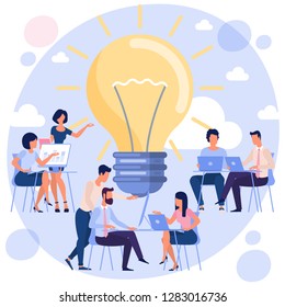 Bright idea  development landing page flat design concept with business people and light bulb Vector illustration  of innovation idea and creative modern business