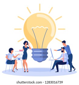 Bright idea  development landing page flat design concept with business people and light bulb Vector illustration  of innovation idea and creative modern business